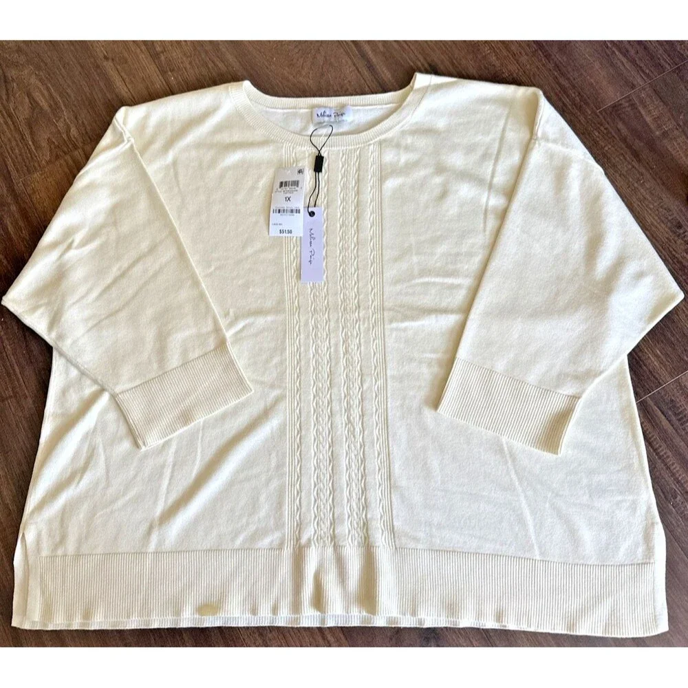 Melissa Paige Plus Size Cable-Knit Dropped-Shoulder 3/4-Sleeve Sweater Beige 1X